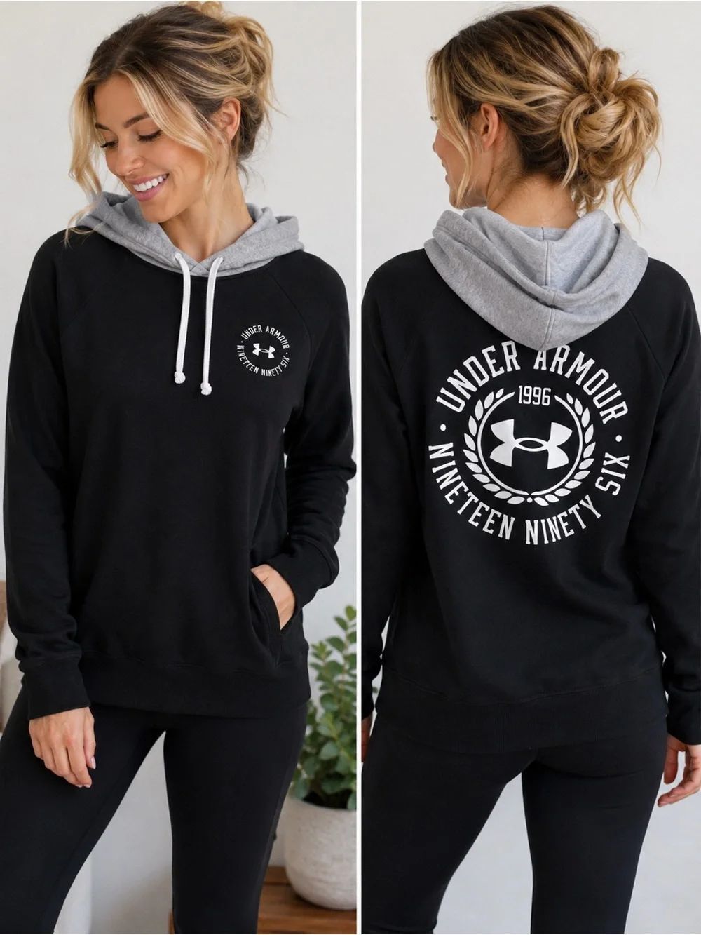 Under Armour Black Gray Hooded Sweatshirt Pullover Logo Hoodie Women’s Small